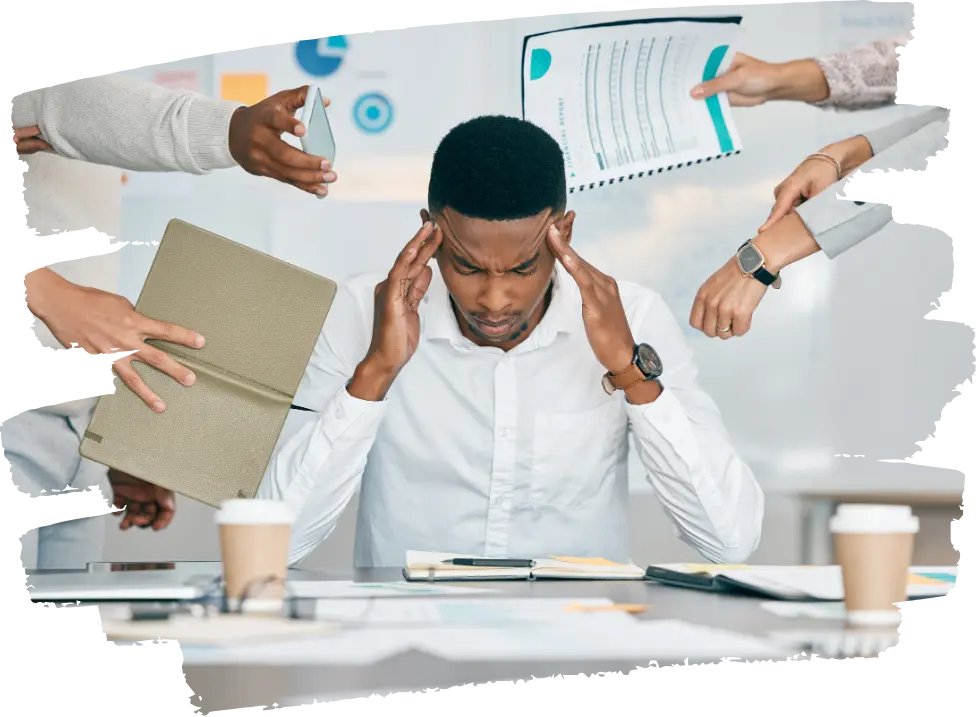 Employé stressé entouré de collègues lui tendant des documents